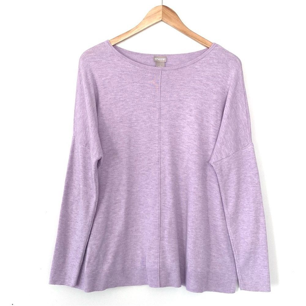 Chico's Purple Relaxed Crew Neck Cashmere blend Sweater M Preppy Beach Old Money